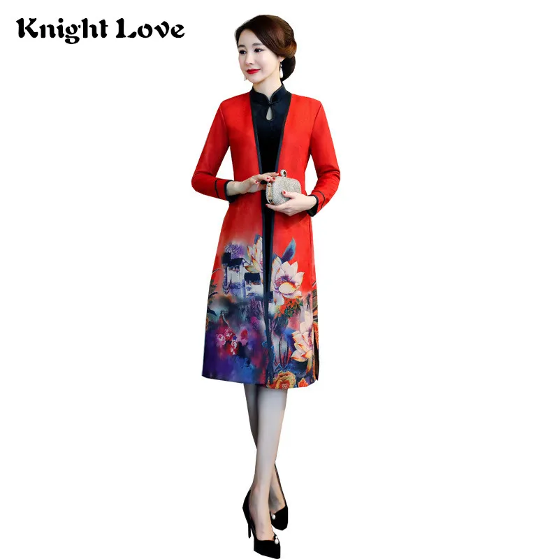 

Velvet 2 PCS Set Cheongsam Vintage Traditional Chinese Dress Mandarin Collar Womens Dress Winter Qipao Party Dresses Vestido 4XL