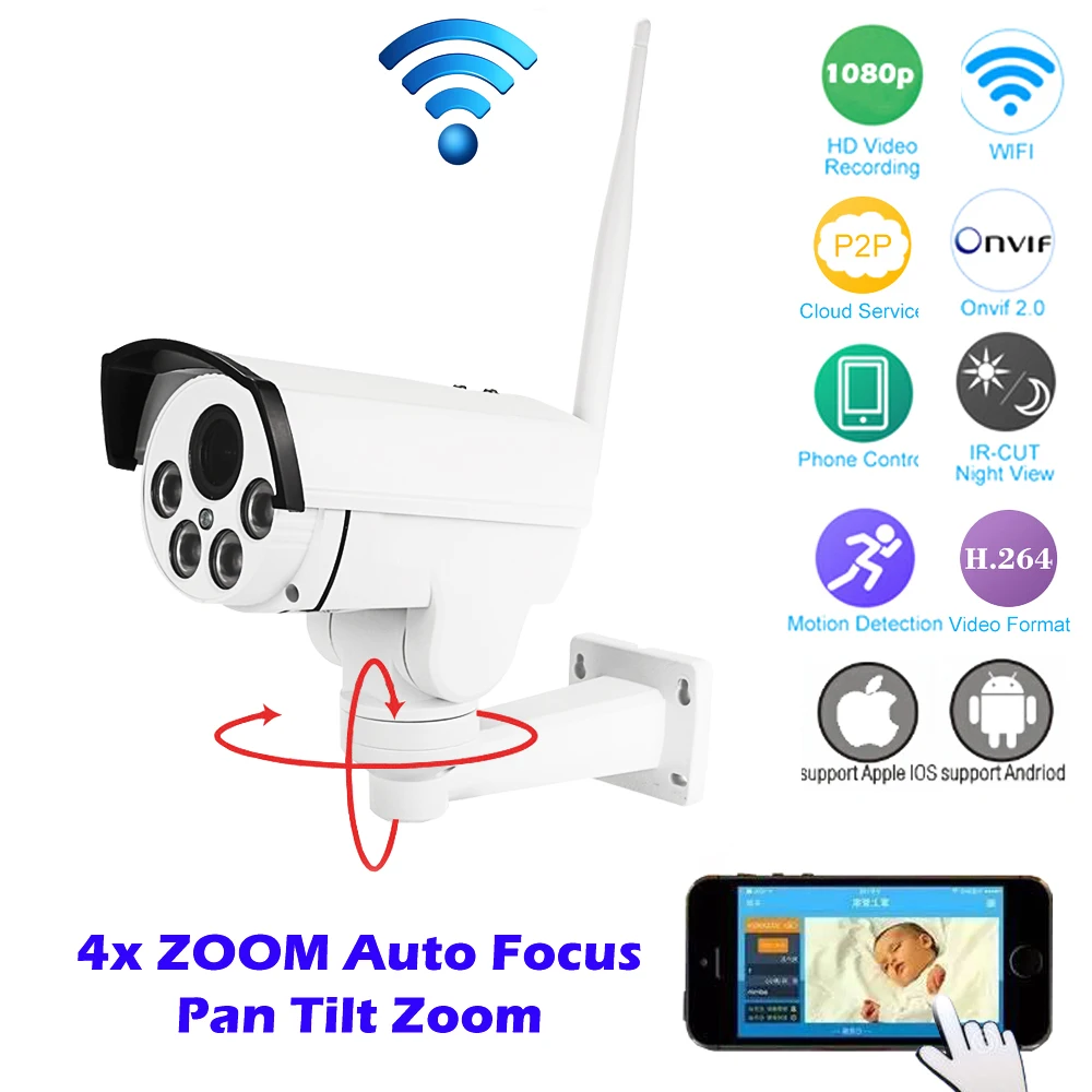  HI3516C+SONY IMX222 HD 1080P Mini Bullet Wifi PTZ IP Camera 4X Zoom Auto Focus 2.8-12mm 2MP Outdoor Wireless IR Onvif SD Card 