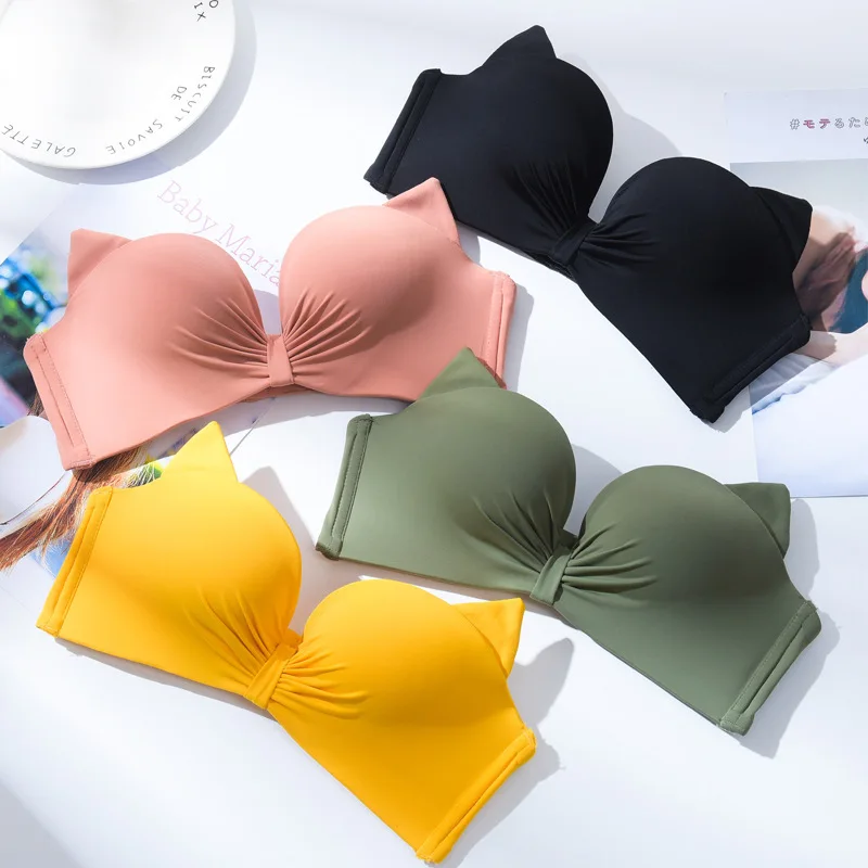 

GUMPRUN Cute Cat Ears Comfortable Seamless Bra Women Underwear Adjusted Wireless Bralette Sexy Backless Push Up Bra Lingerie