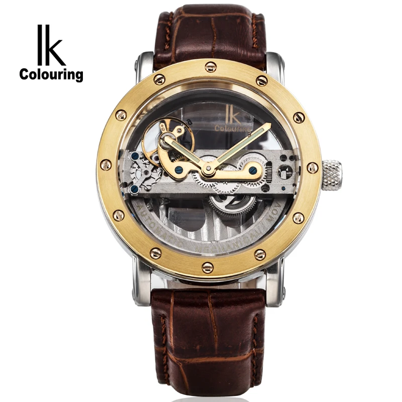 

IK Montre Femme Marque de Luxe Hollow Out Men Auto Automatic Mechanical Genuine Leather Strap Wrist Watch Free Ship