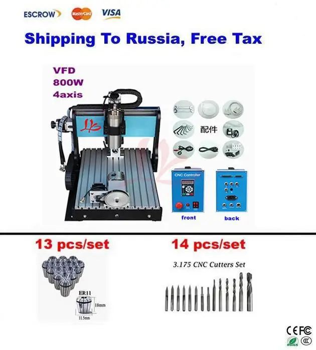 

No Tax To Russia! 800W 4 Axis limit switch 3040Z-S CNC router 3d stone sculpture machine + Engraving tool bits 14pcs + Collet 13