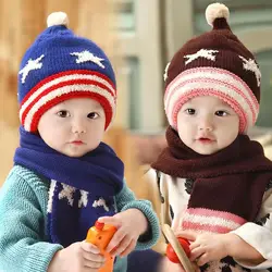 2016 корейский пентаграмма полоса ребенок трикотажные шапки зима 2 шт. для маленьких девочек шарф шляпа Набор Возраст 6 месяцев- 3 лет MZ4229