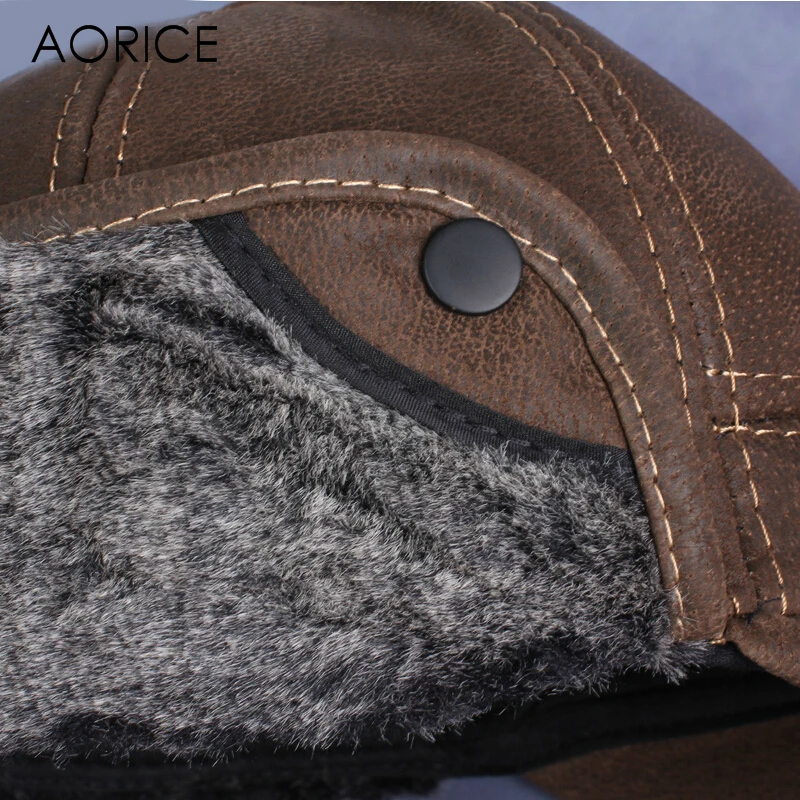 Billig Aorice Neue männer Peeling Echtem Leder Baseball Kappe Russische Winter Warme Baseball Hut Mit Faux Pelz Innen HL083