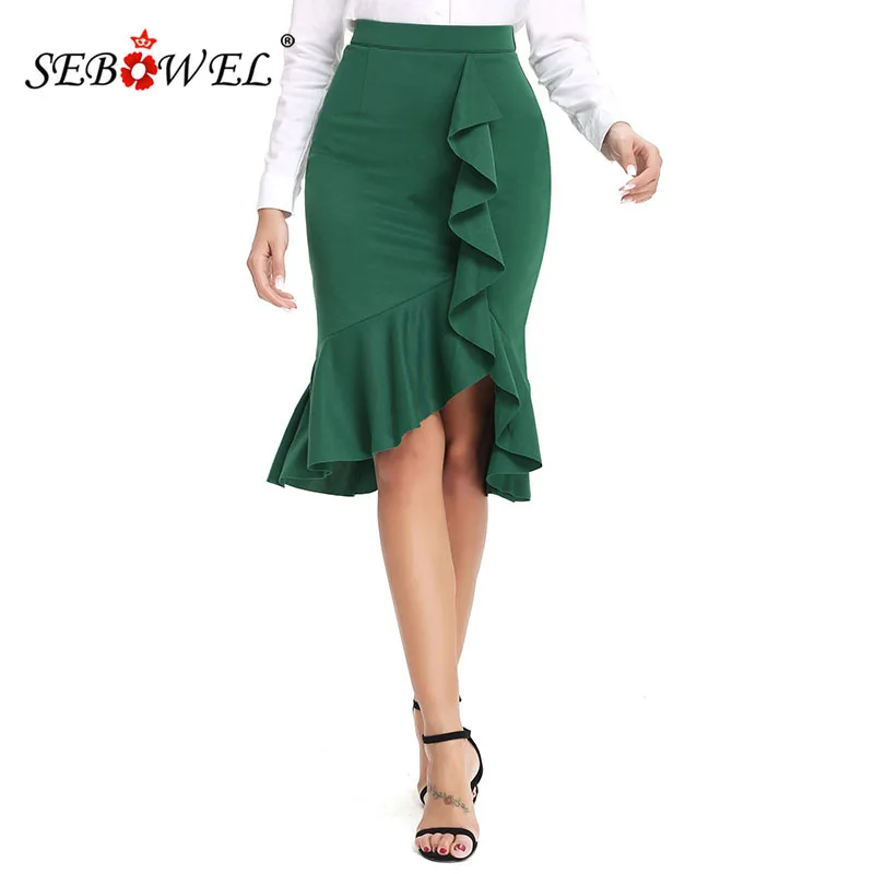 

SEBOWEL Woman's High Waist Stretch Trumpet Skirt Female Irregular Ruffle Office Lady Bodycon Skirts 2019 Casual Plus Size S-XXL