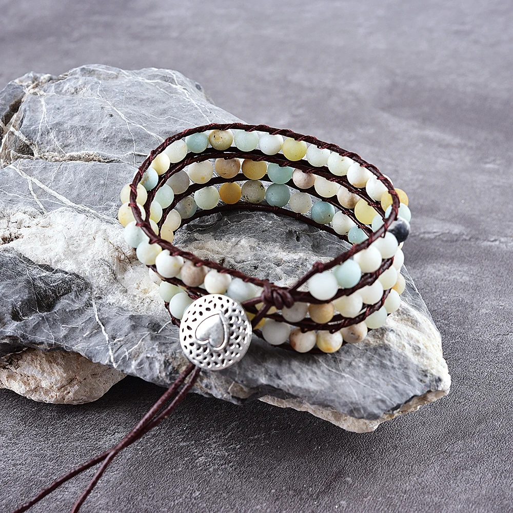 

Asingeloo Matte Amaznite stone Beads Leather Bracelets 3 Wraps Strands Wrap Bracelets Woven Multilayer Boho Bracelet Jewelry