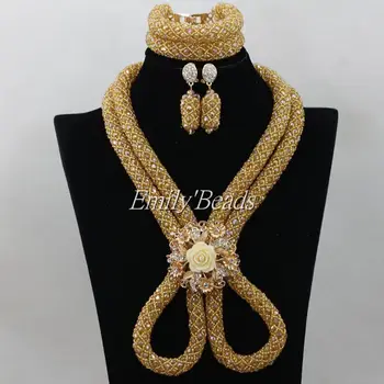 

Luxury African Bridal Wedding Necklace Jewelry Set Costume Nigerian Champagne Crystal Beads Jewelry Set Free Shipping AIJ348