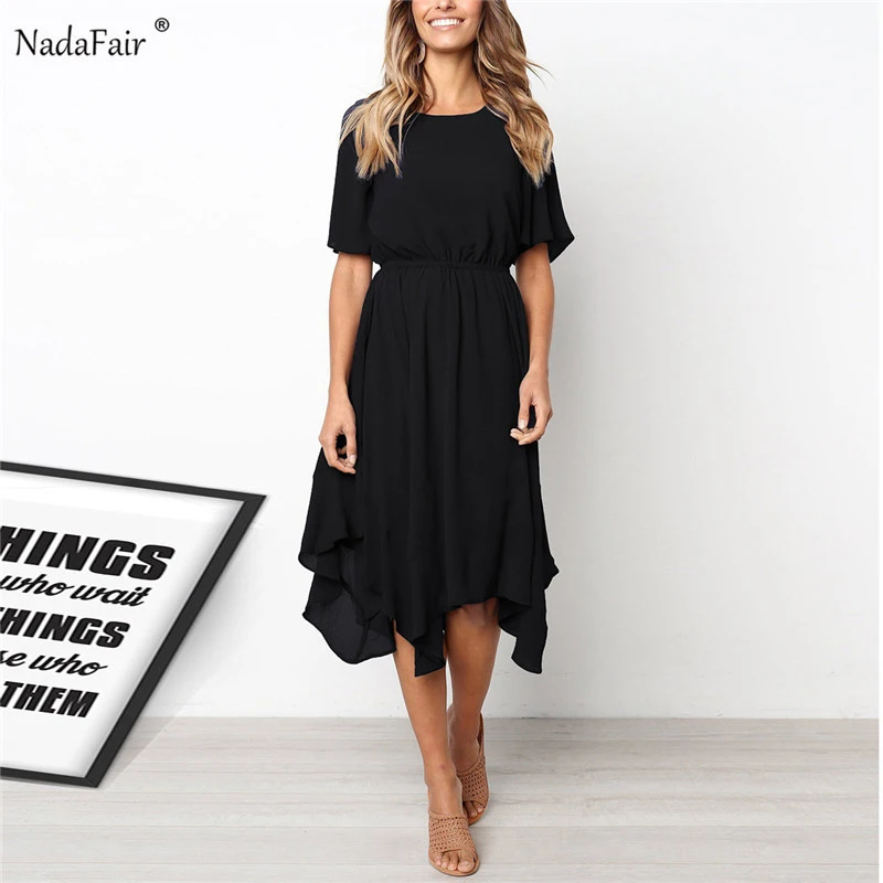 Comprar Nadafair 2019 verano Midi vestido de gasa mujeres de manga corta cuello redondo asimétrico elástico cintura vestido Casual negro