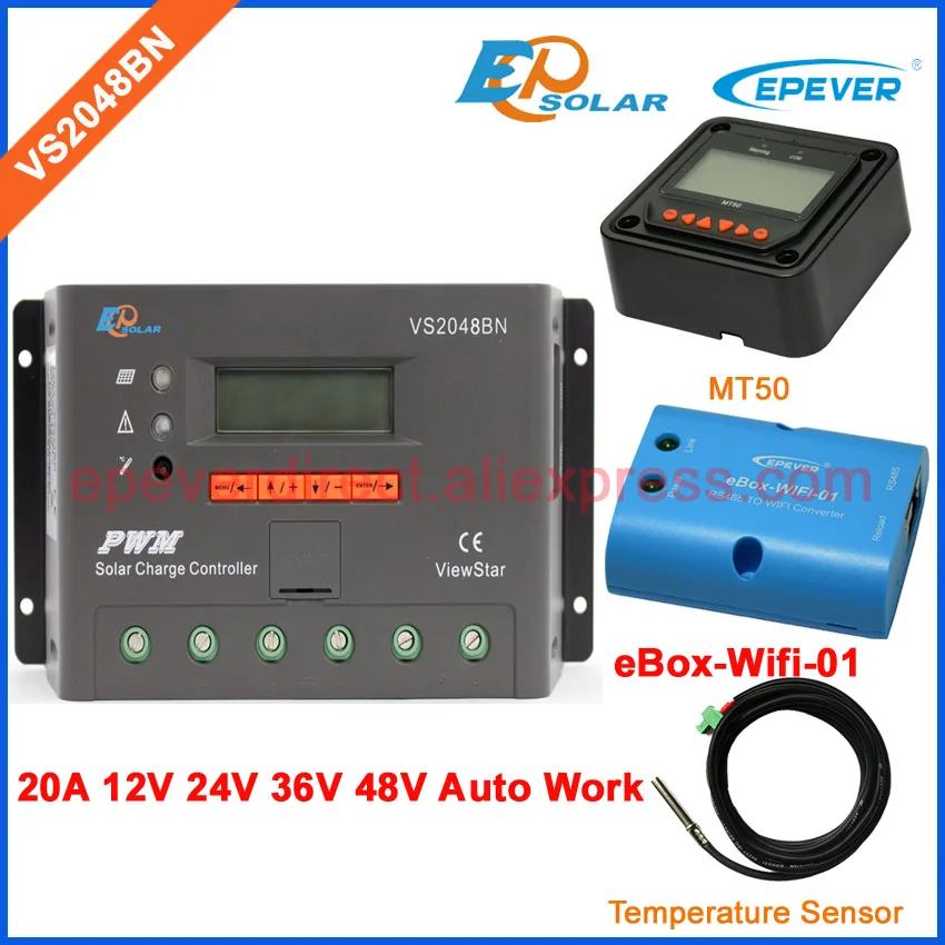 

20A 48V solar panels system PWM EPEVER solar regulator VS2048BN with Temp sensor and wifi BOX MT50 Meter parameters