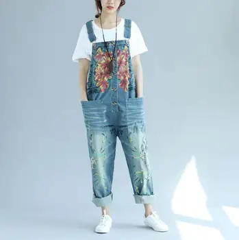 

Women 2018 Leisure Loose Plus Size Denim Jumpsuits Overalls Vintage Floral Print Denim rompers body feminino w930