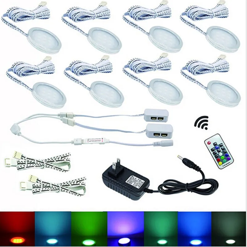 8 RGB Color Changing LED Under Cabinet Puck Lights Kit RF Remote Dimmable for Home Kitchen Counter Furniture Decoration Lighting | Лампы и