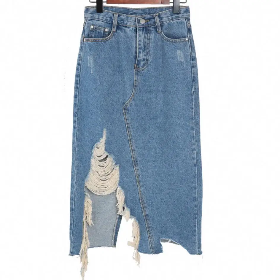 

spring summer denim skirts women holes split pockets high waist skirts fashion blue skirt jeans