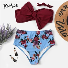 Romwe, спортивный бандаж с бантиком, беспроводной, бикини, топ с цветочным принтом, высокая талия, бикини, низ, 2 шт., купальник для женщин, купальник