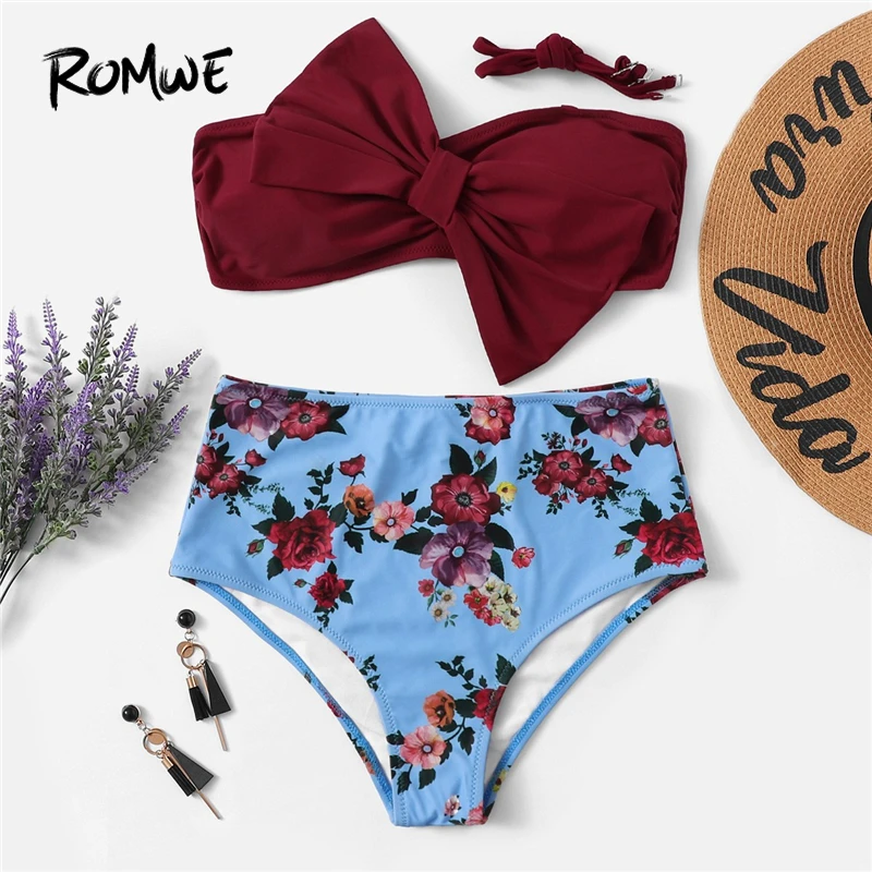 Romwe الرياضة القوس عقدة اللاسلكية العصابة بيكيني أعلى مع الأزهار طباعة عالية الخصر قيعان اثنين-قطعة مجموعة النساء الصيف الشاطئ ملابس السباحة