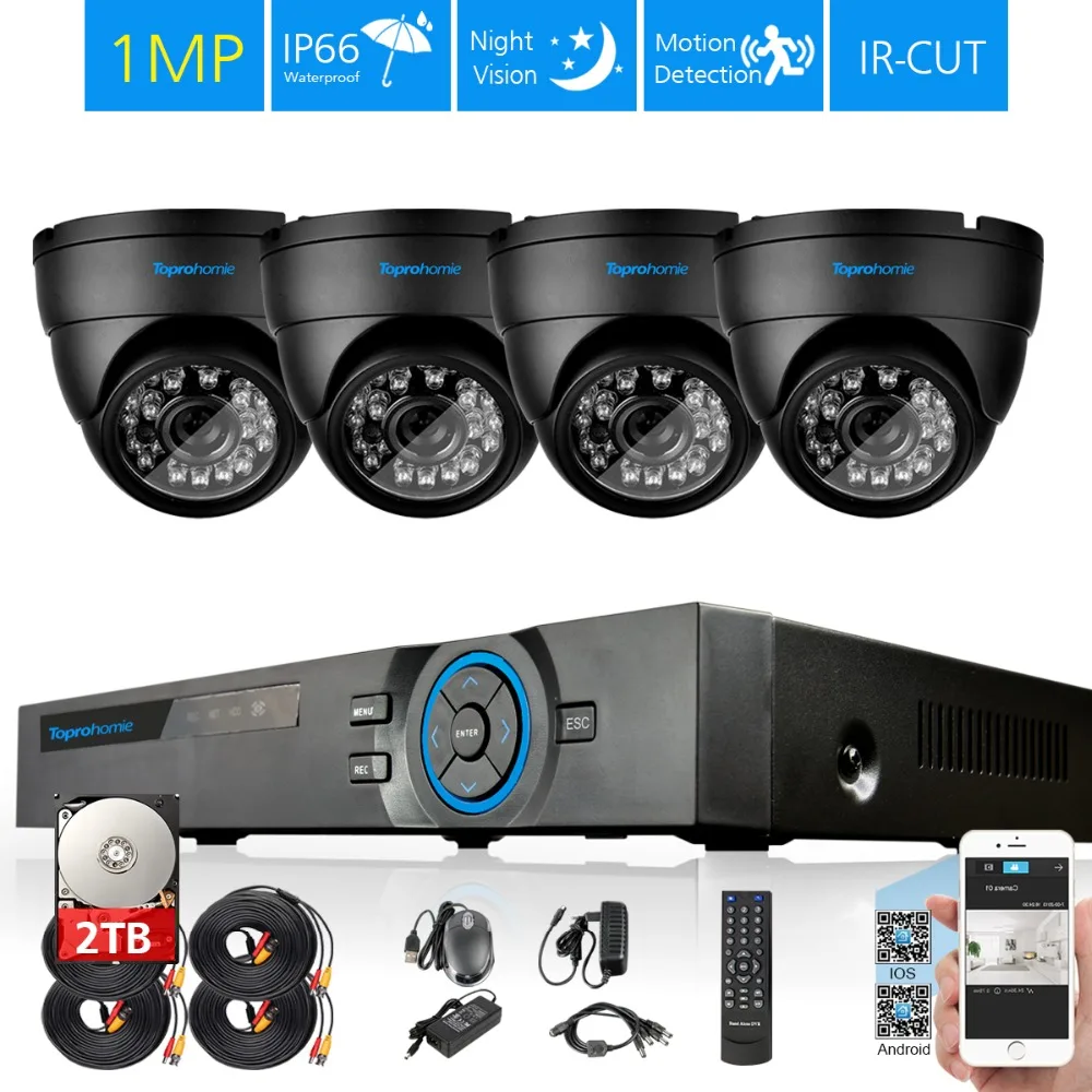 TOPROHOIME H.265 4 канальный HDMI 1080P DVR система видеонаблюдения IP66 in/outdoor 1Mp 720P комплект