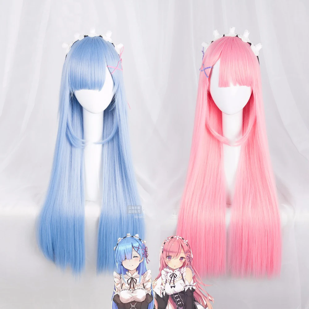 

Biamoxer Ram Rem Wigs Re:Life in a different world from zero Cosplay Wig Pink Blue 80cm Long Straight Synthetic Hair for Adult