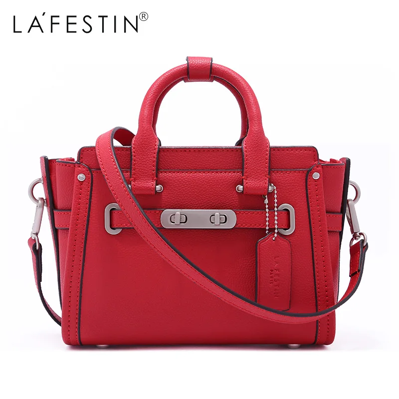 LAFESTIN женская сумка кожаная трапециевидная большая сумка через плечо роскошные дизайнерские сумки известный бренд женские сумки - Цвет: Red