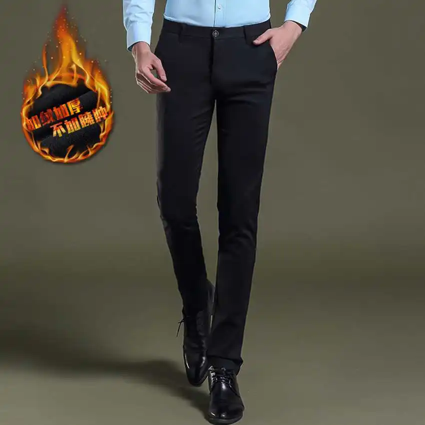 Super warm Winter Fleece Thick casual black dress pants for men