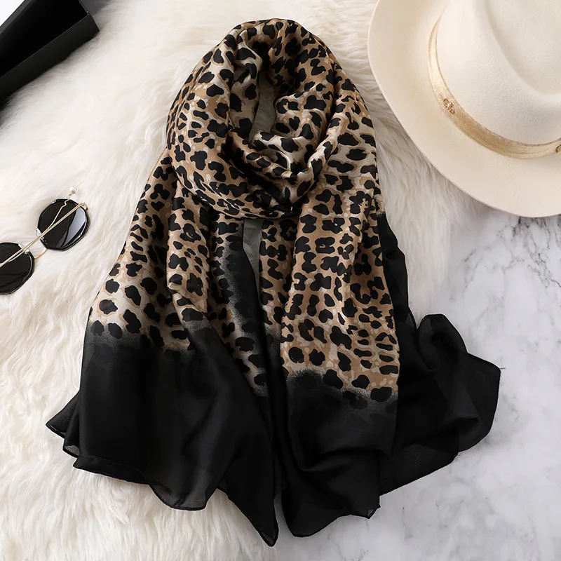 

2019 Women Summer Fashion Silk Scarf Ombre Sexy Leopard Dot Shawls and Wraps Bandana Female Hijab Foulards Headband 180*90Cm