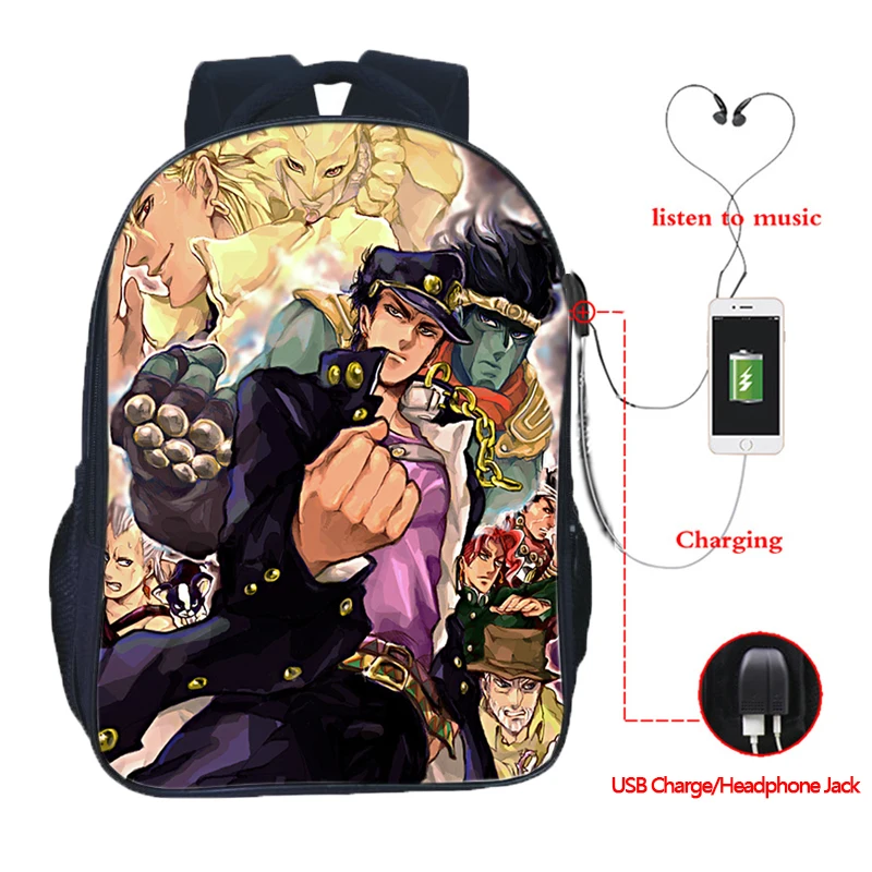 JoJo No Kimyou Na Bouken JoJo's Необычные Приключения Jotaro USB Chargingbackpack для мужчин женщин мальчиков девочек рюкзаки школьные сумки - Цвет: 24