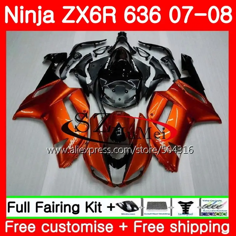 Средства ухода за кожей для Kawasaki Ninja ZX 6R 07-08 глянцевый Orange 600cc ZX-636 ZX636 8sh6 zx600 ZX6R 07 08 ZX 636 ZX-6R 2007 2008 Обтекатели комплект