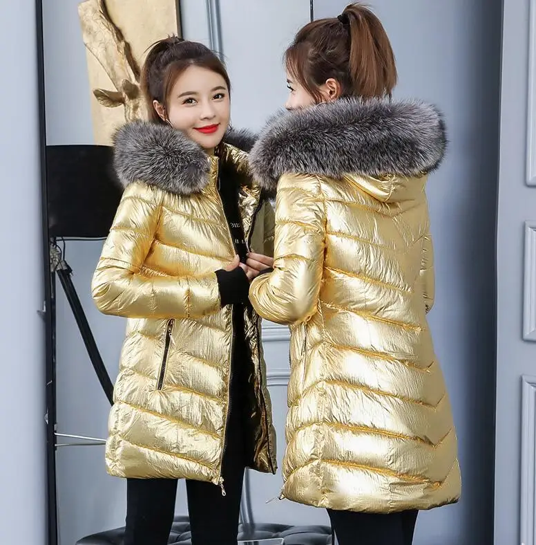 Меховой воротник, серебряная зимняя куртка, Женская средней длины, серебряный пуховик, теплое пальто для женщин, Высококачественная Женская куртка с капюшоном - Цвет: Золотой