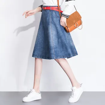 

1883 women denim skirt female 2019 spring summer new high waist fat MM was thin denim A word skirt long skirts girl