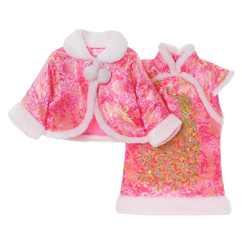 Детское платье Qipao осенне-зимние комплекты одежды для девочек Хлопковое платье Qipao Костюм с накидкой и шалью, платье+ шаль, 2 предмета - Цвет: p