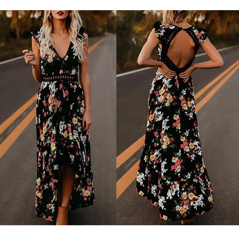 

2018 Newly Summer Women Ladies Boho Sweet Dress V-Neck Floral Print Lace Backless A-Line Ankle-Length Dress Party Dress 2 Colors