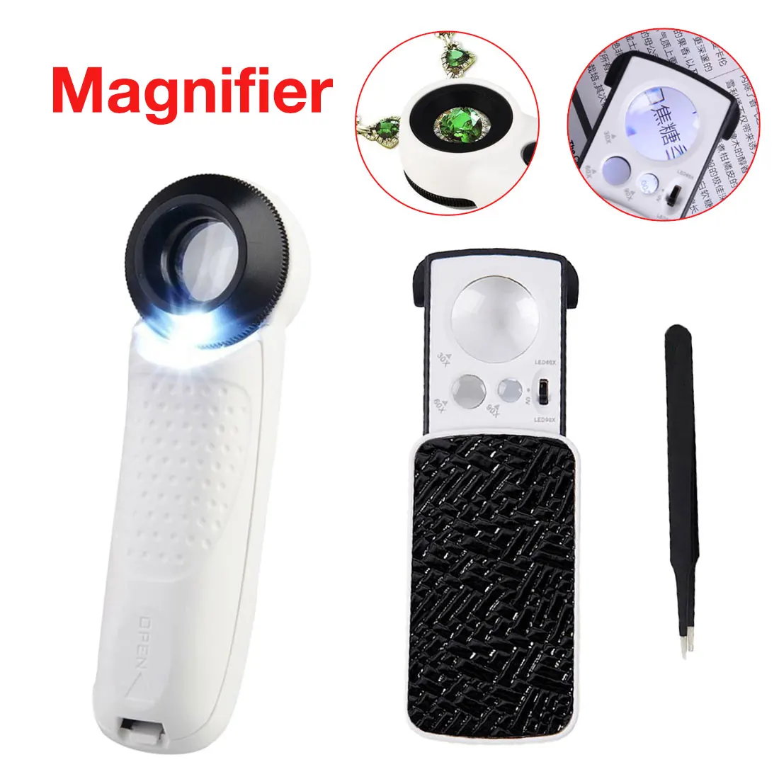 2 LED Handheld High Multiple Portable Pocket Magnifiers 40X Jeweler