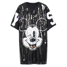 В стиле панк с блестками Футболка с персонажами из мультфильмов платье Для женщин футболки свободное платье Летние футболки Vestidos с черным топом для Для женщин футболки для девочек высокое качество
