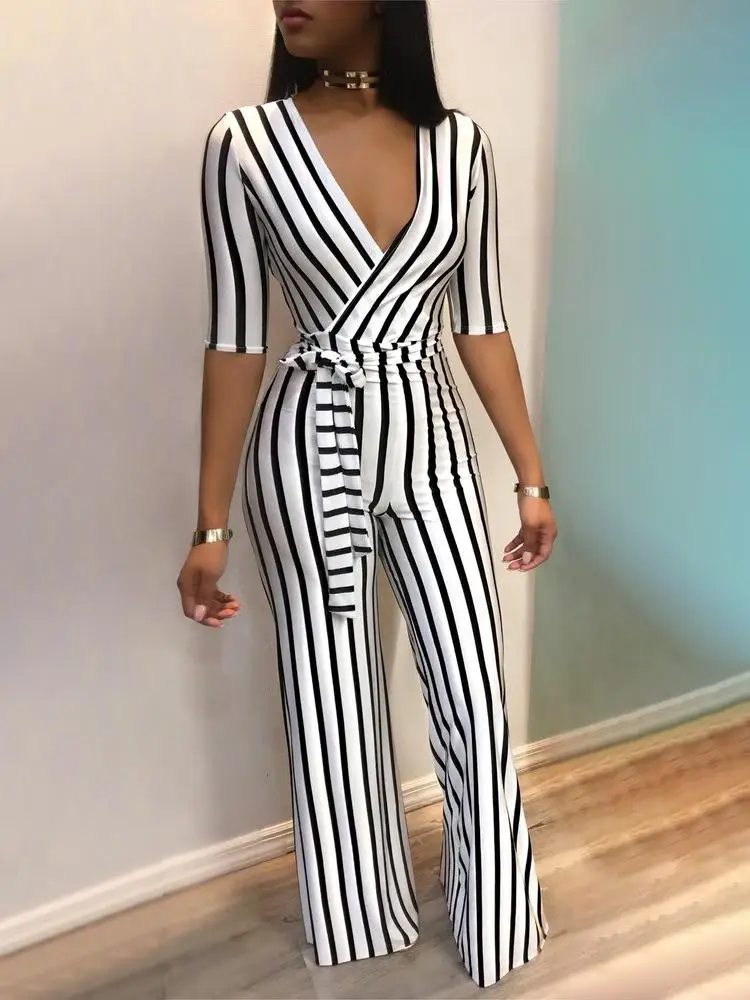 

2019 Fashion Deep V One Piece Striped Women Overalls Waist Belted Wide Leg Office Sexy Bodysuit Bodycon Summer Elegant Jumpsuit