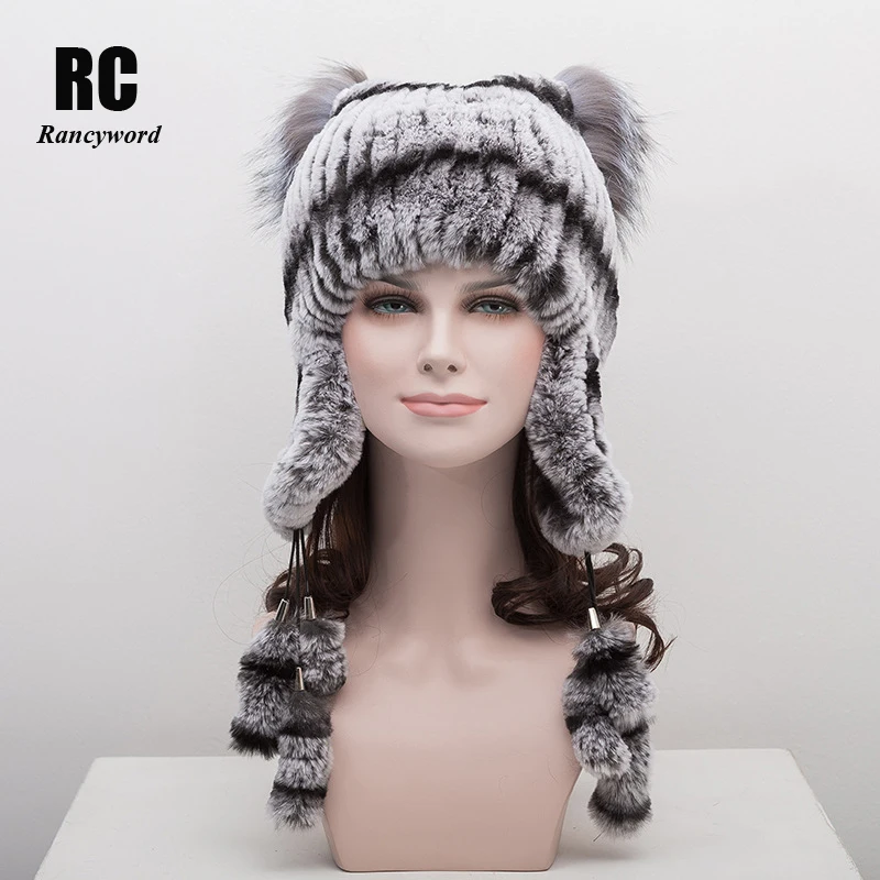 

[Rancyword] Warm Winter Fur Hats For Women Lovely Cat Ears Beanies Skullies Female Knitted Real Rex Rabbit Fur Hat Cap RC1268
