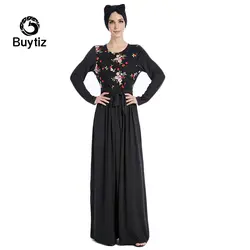 Buytiz ОАЭ черный с цветочным принтом Арабская, Дубай Сетчатое платье макси Бохо длинное платье, Роба платья кимоно Рамадан мусульманин