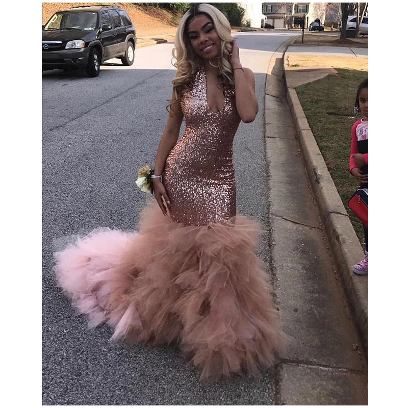 

Lakeydra Sequined Mermaid Prom Dress Deep V-Neck Sleeveless with Backless Long Formal Wear Vestido Party Gowns