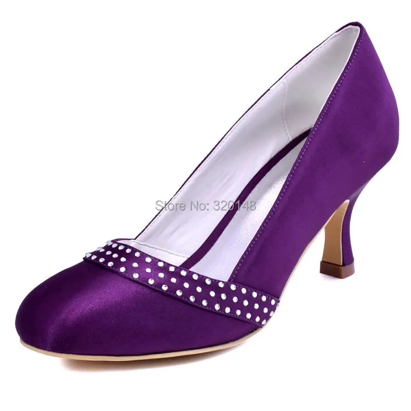 

Woman Shoes A0718 Purple Size 36  Round Toe Rhinestone 2.5" Med Heels Satin Pumps Women's Wedding Shoes Evening Prom Shoes