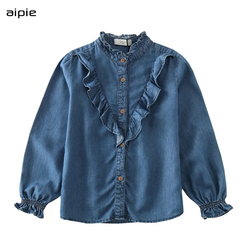 Детские блузки в английском стиле из хлопка; Коллекция года; однотонные джинсовые блузки с длинными рукавами для девочек; одежда для От 4 до 13 лет - Цвет: Blue
