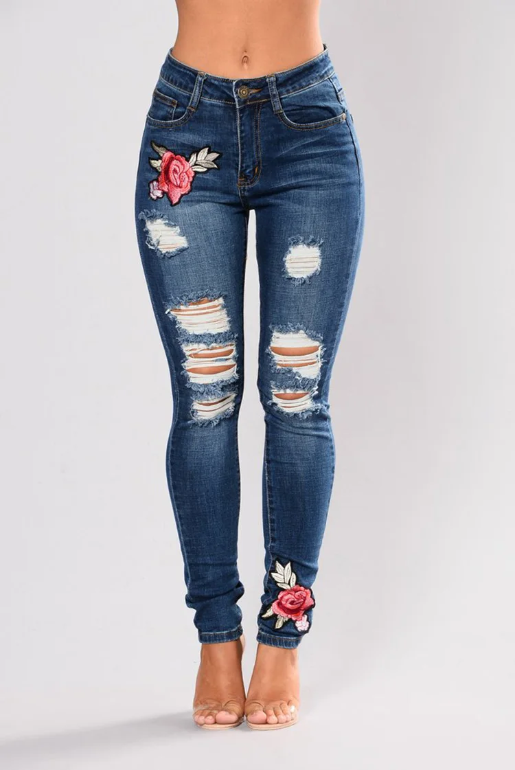 Модные повседневные женские джинсы с высокой талией, однотонные узкие джинсы-карандаш с дырками