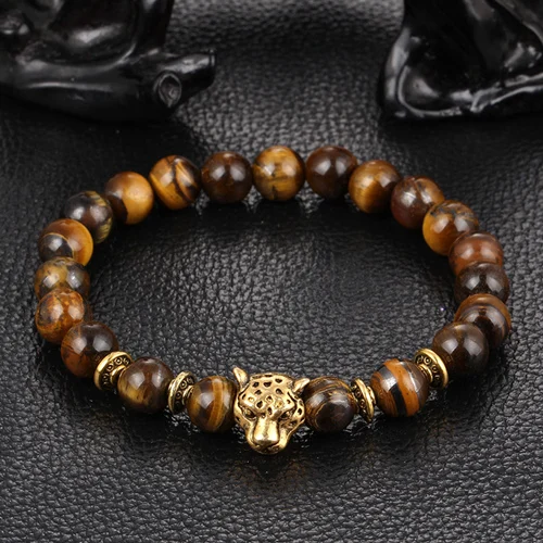 Античный посеребренный Будда браслет с головой леопарда камень из натуральной лавы бисером браслеты для мужчин женщин Pulseras Hombre - Окраска металла: brown
