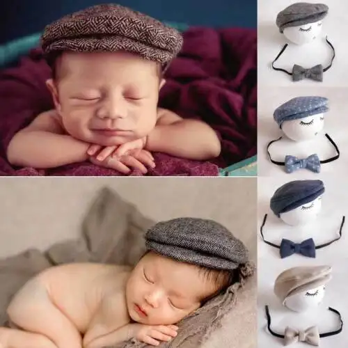 

Baby Newborn Peaked Beanie Cap Hat+Bow Tie Photo Photography Prop Cute Outfit Printed Comfortable High Quality Lovely Set