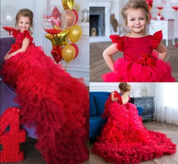 

Fabulous Princess Dress with Sweep Train Prepared for Girls Birthday Party Open Back Tulle Flower Girl Dress For Wedding Vestido