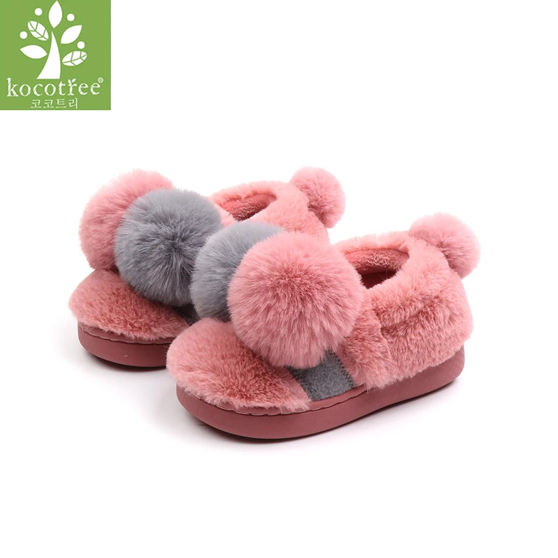 

2018 Winter Fashion Wool Ball Kids Slippers Boy And Girl Slippers Home Cotton Shoes Non-Slip Cartoon Cute Plush Warming Shoes