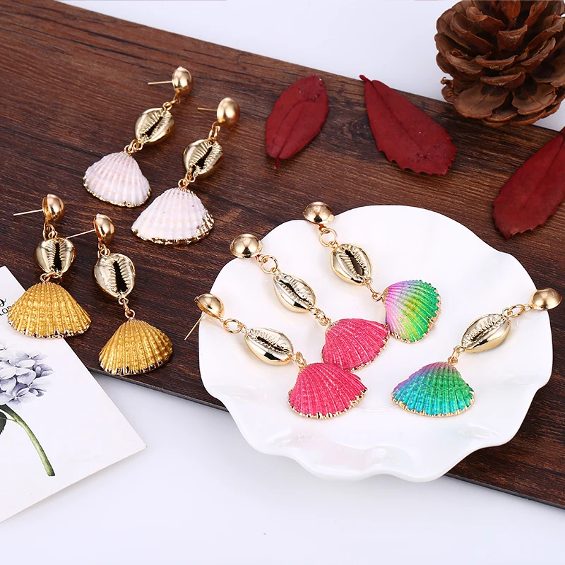 

HOCOLE Colorful Shell Long Drop Earrings For Women Sea Shell Pendant Earrings Gold Color Irregular Female Weddings Party Jewelry