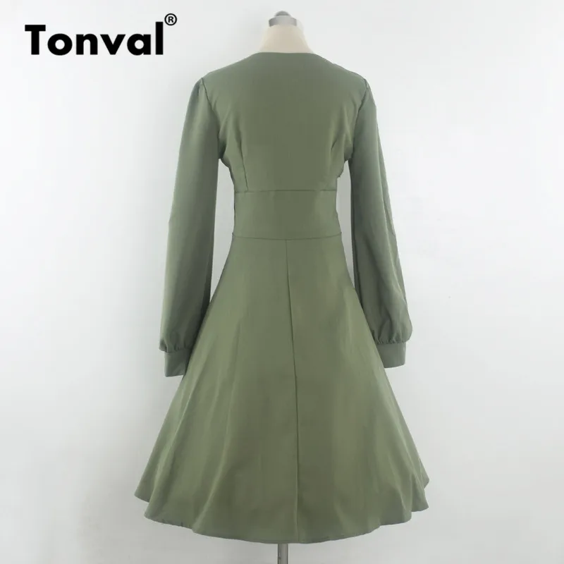 Тонваль зеленое элегантное винтажное платье с высокой талией с рюшами на пуговицах, женское платье с длинным рукавом, осень, ретро Свинг платья