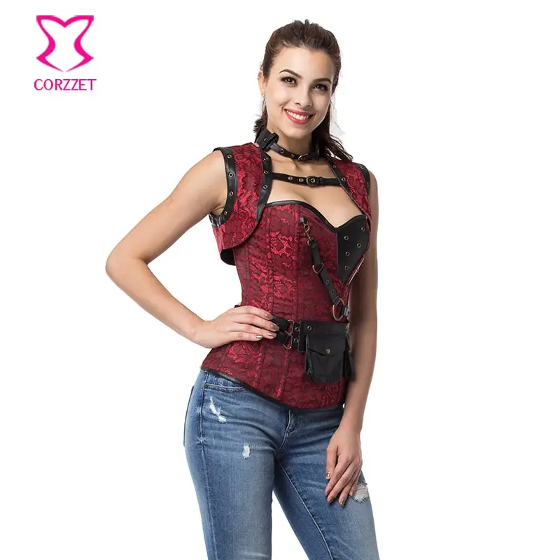 Корзет красная кожа панцири Стимпанк Overbust Корсеты и куртки талии тренер стальная