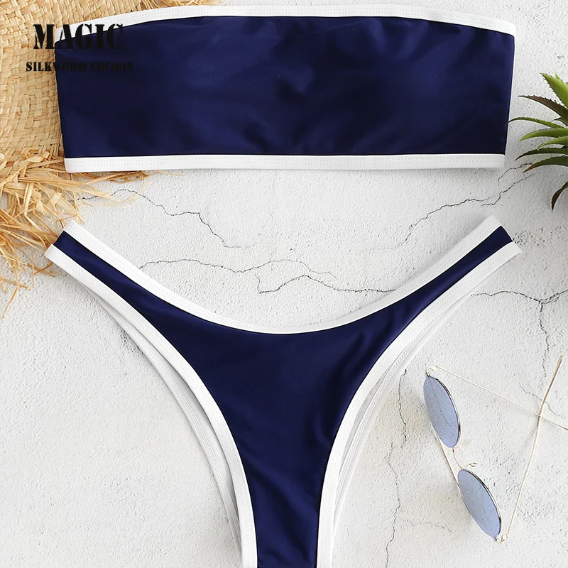 

Solid Bandeau Two Piece Swimming Suit Blue Women Bikini Set Swimwear Swimsuit Sexy Low Waist Thong Beachwear Bather Biquini