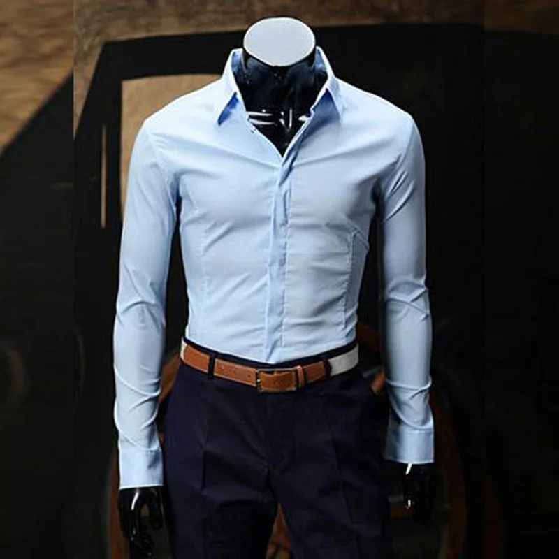 

NEW 2019 Fashion spring autumn anti-wrinkle joker business Casual Solid Hidden clasp Slim Khaki Evening Dress shirts