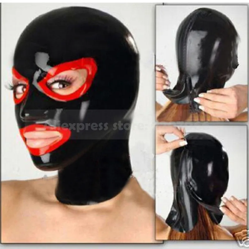 Unisex black and trims red latex rubber mask hood with back zip RLM040