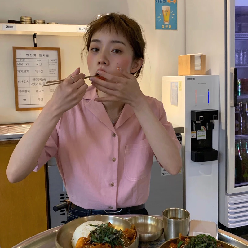 

2 colors 2019 summer korean chic style new pocket tops womens short sleeve shirts womens blouses (C6462)