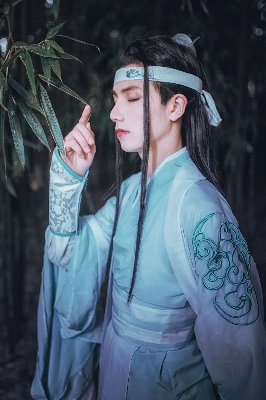 Lan Wangji белый синий костюм с вышивкой мужской косплей Hanfu для аниме основатель диаболизма Древний китайский учёный Hanfu