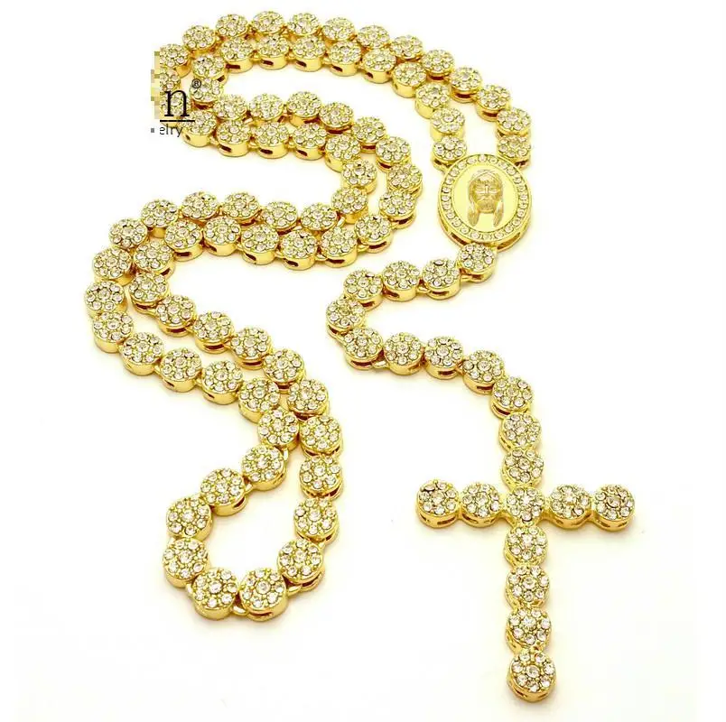 

Iced Out Rosary Flower Necklace Link Bling Aaa Cubic Zircon Gold Cross Jesus Head Pendant Mens Hip Hop Necklace Chain